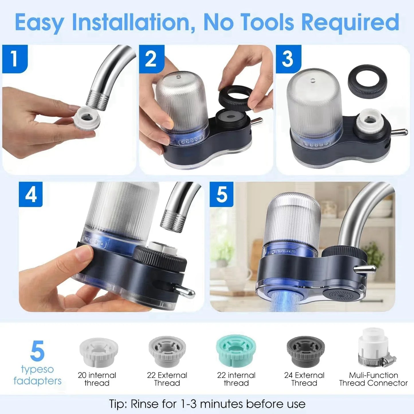 Faucet Mount Water Filter, Kitchen Activated Carbon Water Faucet Filter Reduces 98% Chlorine, Limescale, Heavy Metals & Bad