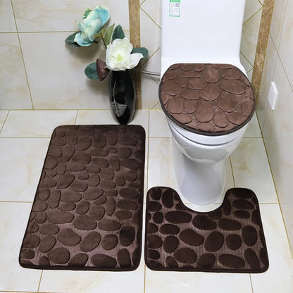 Set of 3 Bathroom Bath Mat Set Soft Non Slip 2PCS Cobblestone Mat Bathroom Rug Absorbent Shower Carpets Toilet Lid Cover Floor