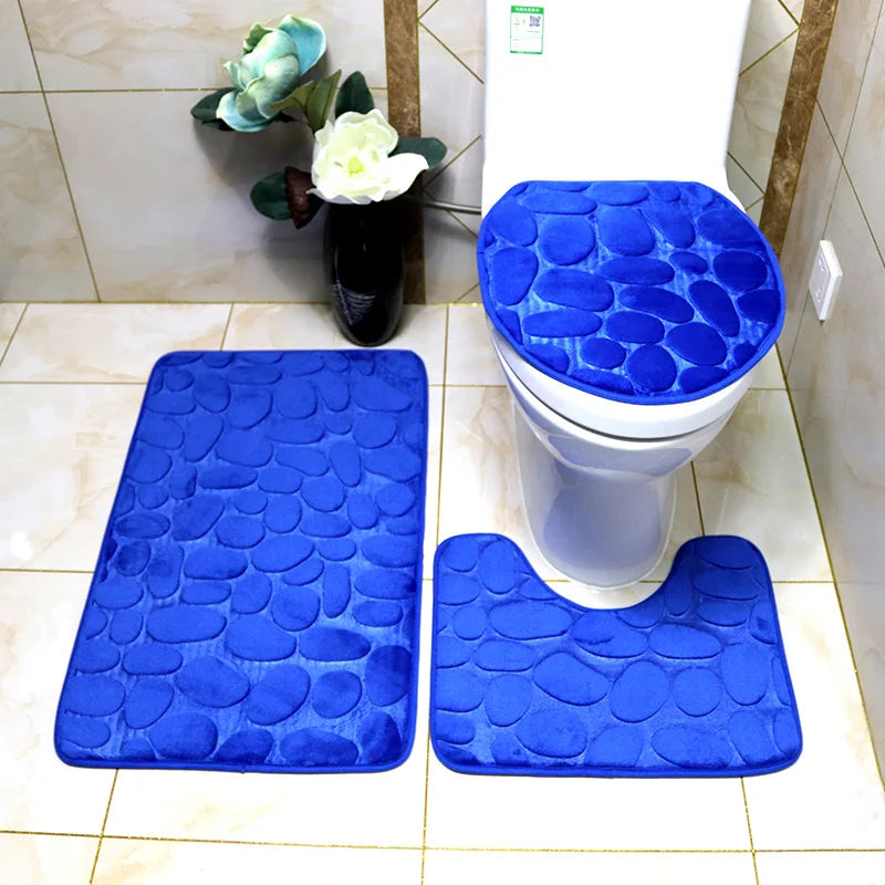 Set of 3 Bathroom Bath Mat Set Soft Non Slip 2PCS Cobblestone Mat Bathroom Rug Absorbent Shower Carpets Toilet Lid Cover Floor