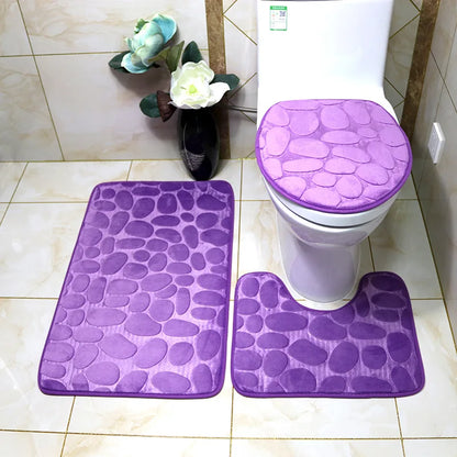 Set of 3 Bathroom Bath Mat Set Soft Non Slip 2PCS Cobblestone Mat Bathroom Rug Absorbent Shower Carpets Toilet Lid Cover Floor