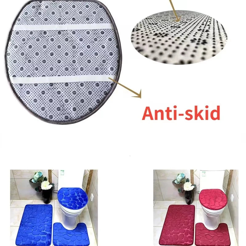 Set of 3 Bathroom Bath Mat Set Soft Non Slip 2PCS Cobblestone Mat Bathroom Rug Absorbent Shower Carpets Toilet Lid Cover Floor